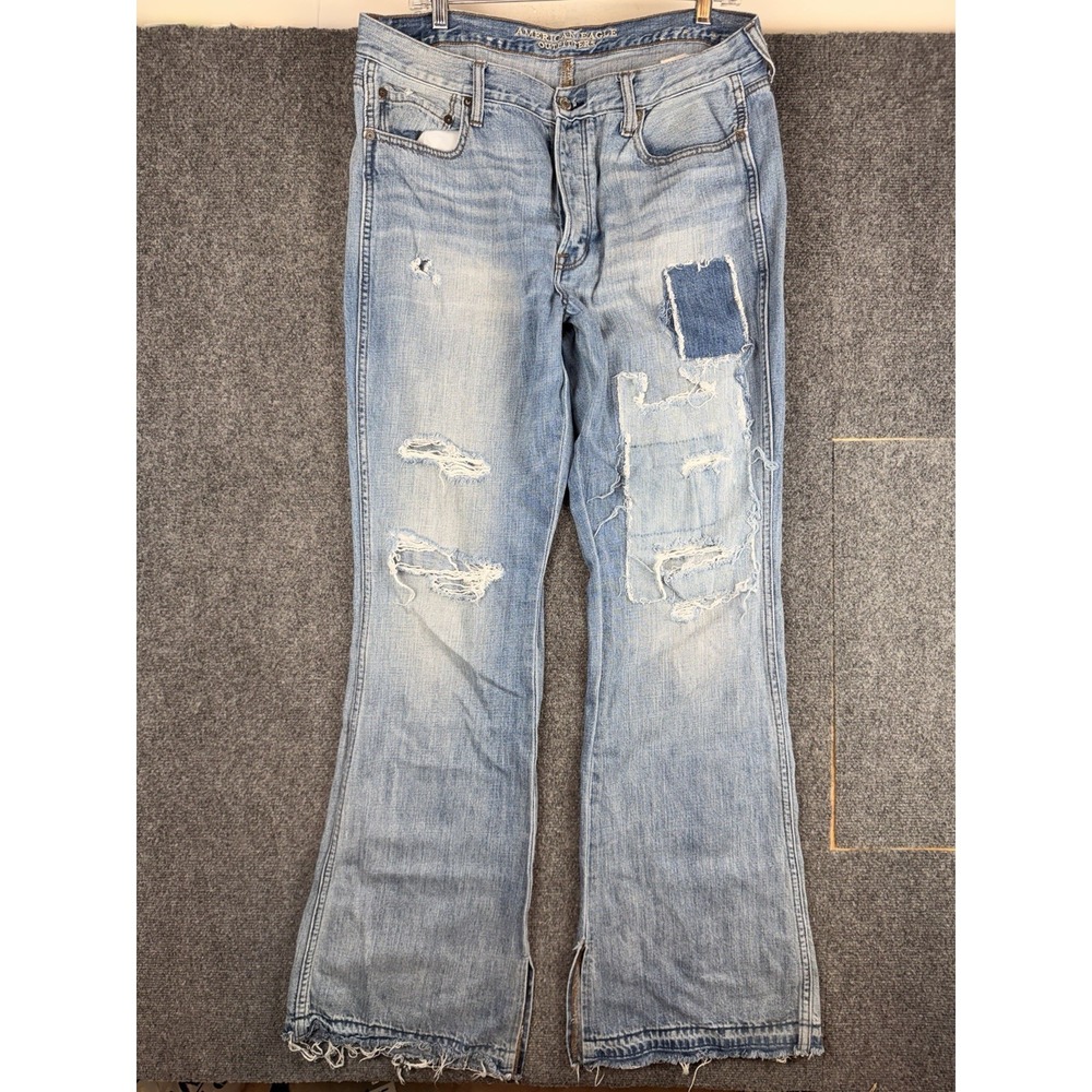 American Eagle Jeans Vintage High Rise Flare 14 XL Button Fly Distressed Patches